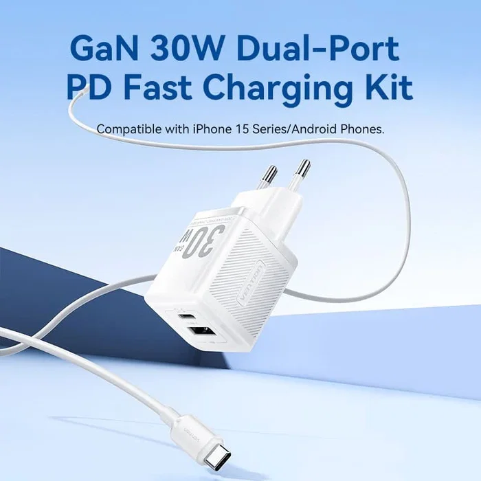 Vention Cargador de Pared GaN 30W 2 Puertos USB-C y USB-A con Cable USB-C (TZ-FEQB0-EU-01), Rápido, Compacto, Compatible PD/QC